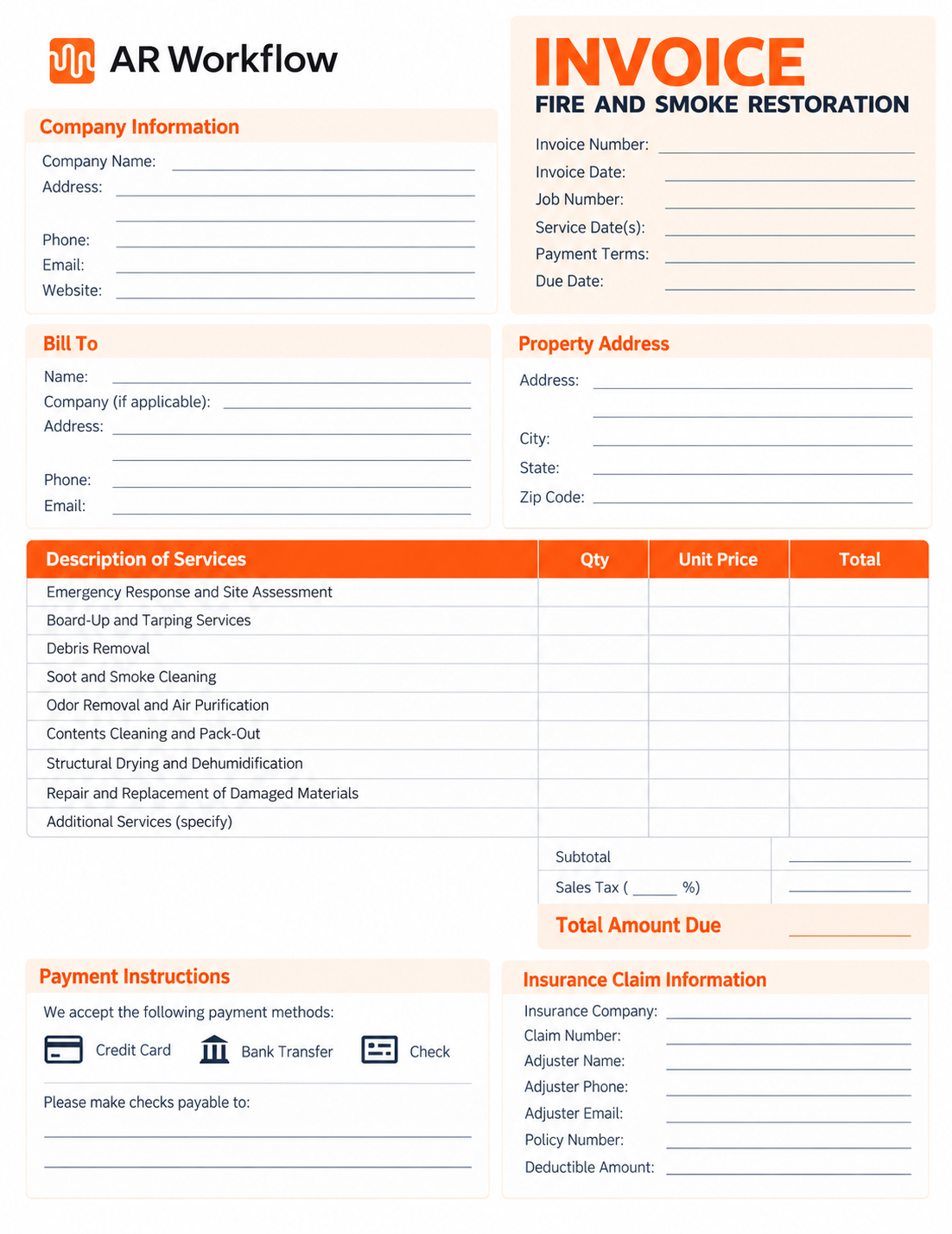 Free fire and smoke restoration invoice template