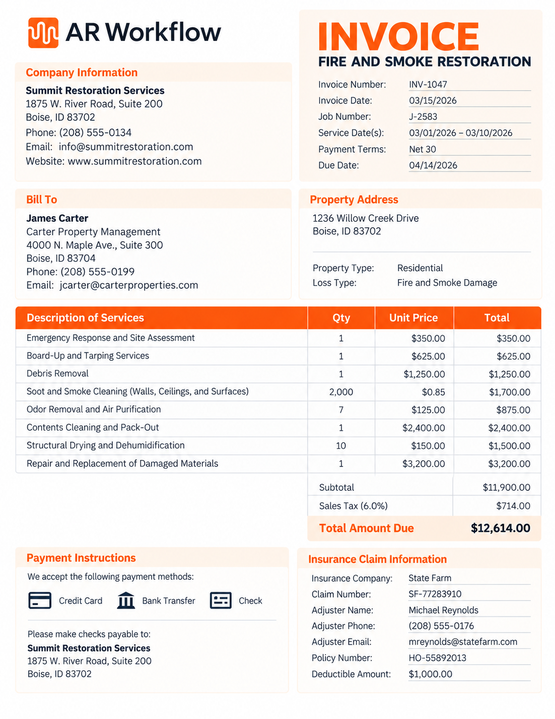 Fire and smoke restoration invoice example